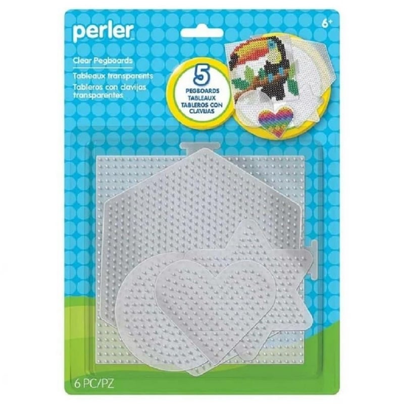 Perler Beads Assorted Small and Large Pegboards for Kid's Crafts - (5) clear Perler pegboards, (1) sheet of reusable ironing paper, 6 pcs