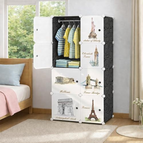 HEMOVIA Collapsible Wardrobe for Clothes - DIY 8 Door Plastic Almirah for Clothes with Doors | Side Hanger,Folding Waterproof Memory Standing Wardrobe for Storage for Home Clothes (Black-Kids, 8-DOOR) - Image 1