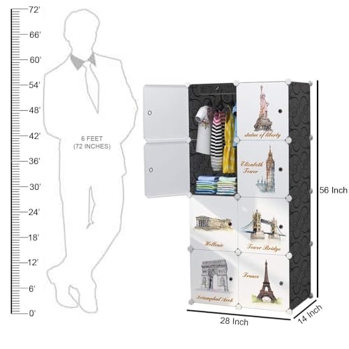 HEMOVIA Collapsible Wardrobe for Clothes - DIY 8 Door Plastic Almirah for Clothes with Doors | Side Hanger,Folding Waterproof Memory Standing Wardrobe for Storage for Home Clothes (Black-Kids, 8-DOOR) - Image 2