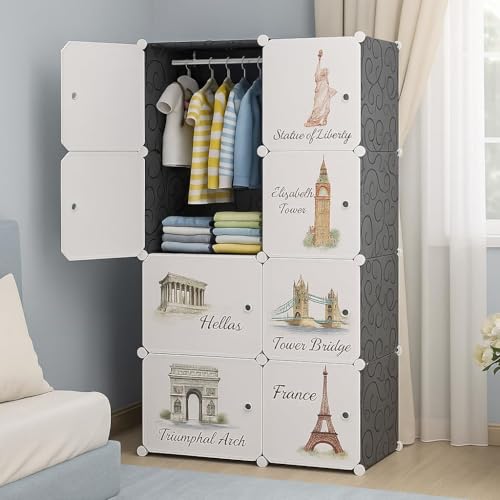 HEMOVIA Collapsible Wardrobe for Clothes - DIY 8 Door Plastic Almirah for Clothes with Doors | Side Hanger,Folding Waterproof Memory Standing Wardrobe for Storage for Home Clothes (Black-Kids, 8-DOOR) - Image 3