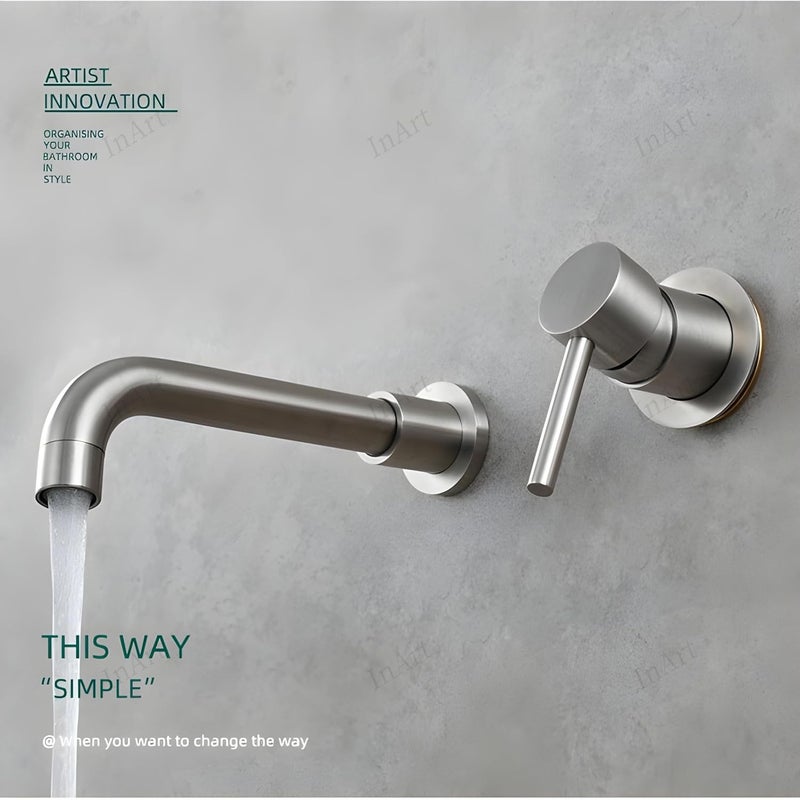 InArt Waterfall Faucet Tap | Wall Mounted Brass Basin Mixer | Concealed Parts | Single Lever | Hot & Cold Water | Modern Design | Brushed Nickel Finish - Image 4