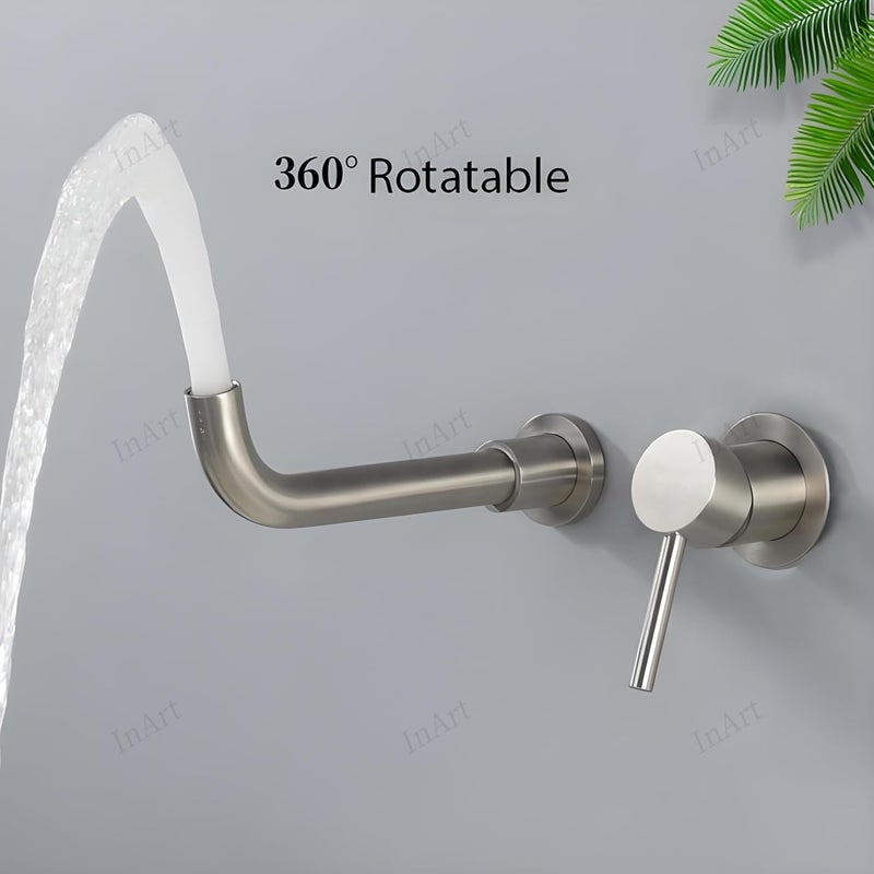 InArt Waterfall Faucet Tap | Wall Mounted Brass Basin Mixer | Concealed Parts | Single Lever | Hot & Cold Water | Modern Design | Brushed Nickel Finish - Image 3