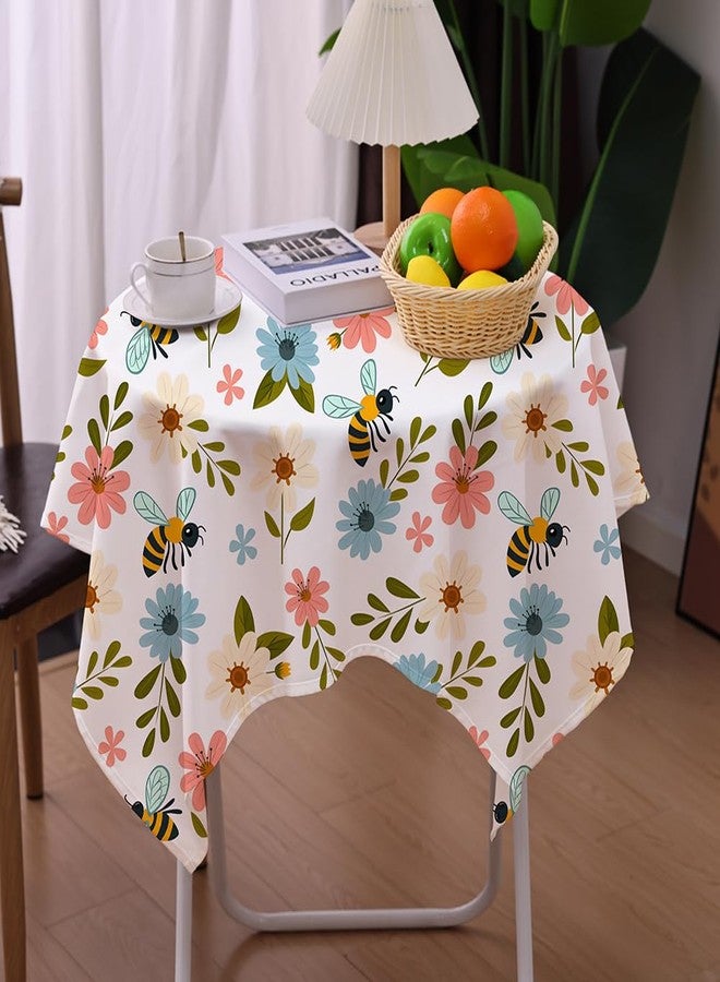 Amonsa Spring Floral Small Square Table Cover 36 inch Outdoor Patio Table Cloth for 2-4 Seats Restaurant Coffee Table Washable Fabric Cute Pink and Blue Flower with Bees Camping - Image 1