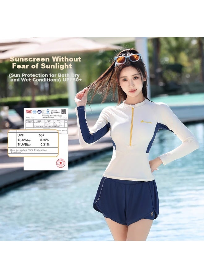 F.DYRAA Fandila Women's Two-piece Swimsuit With Long Sleeves, Conservative, Tummy Control, Slimming, For Swimming Pool And Hot Springs, Three-piece Set, 15153 Beige, Size M - Image 2