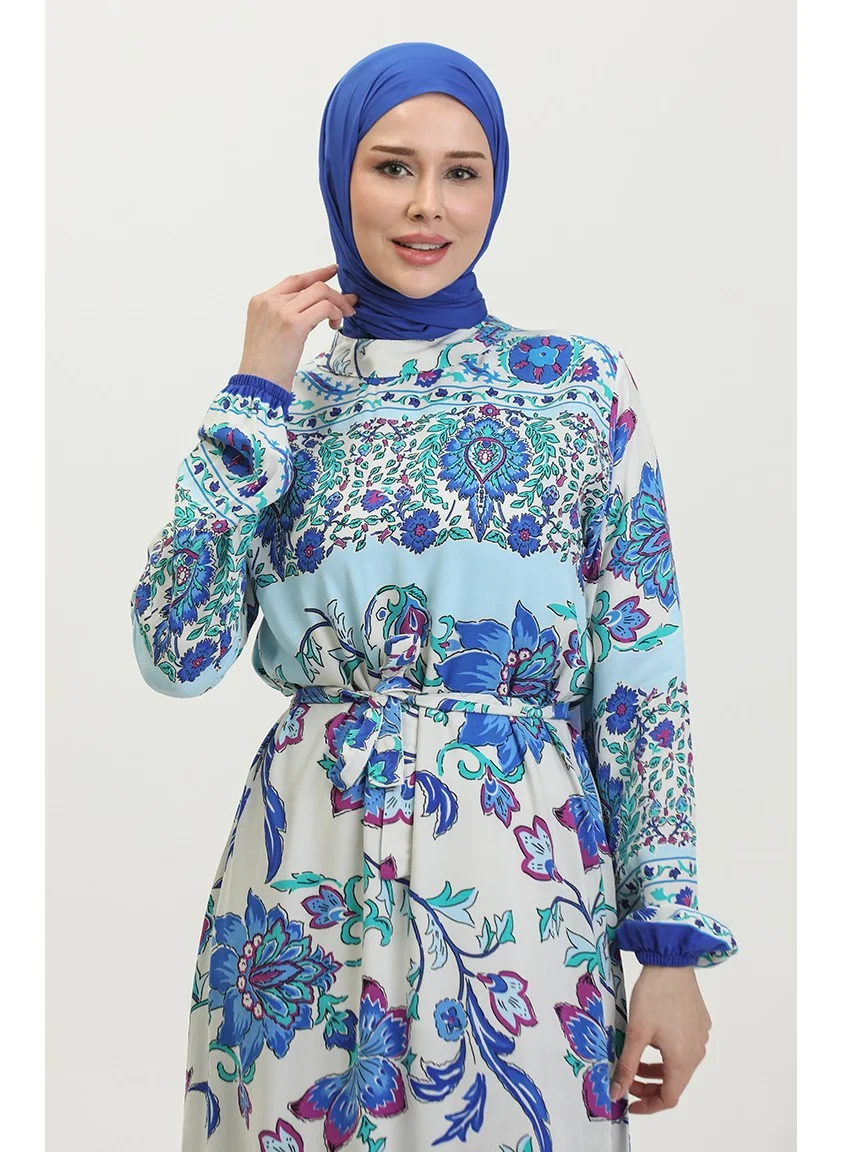 Sefa Merve Alaçatı Pattern Colorful Belted Viscose Dress 0384-05 Beige Saxe