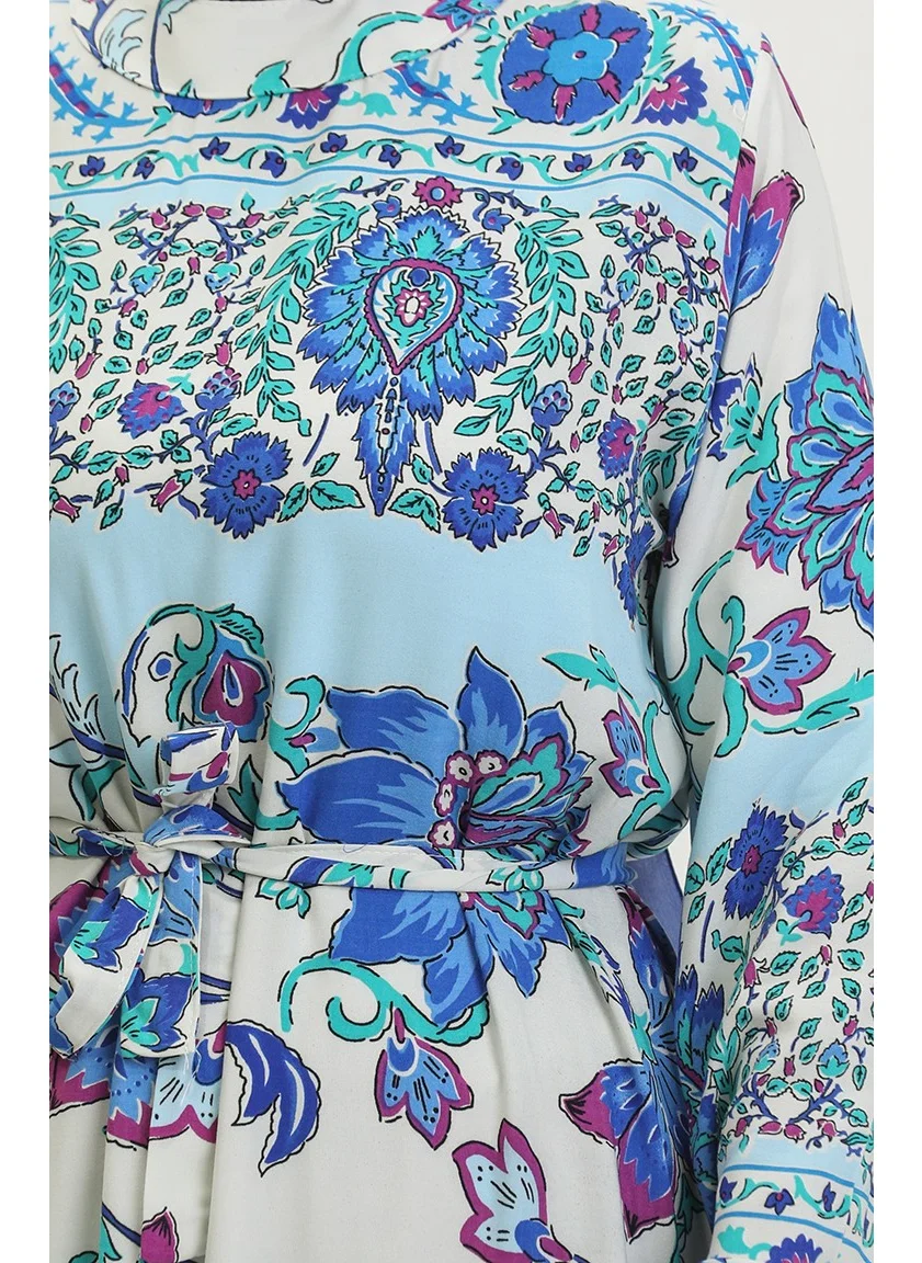 Sefa Merve Alaçatı Pattern Colorful Belted Viscose Dress 0384-05 Beige Saxe