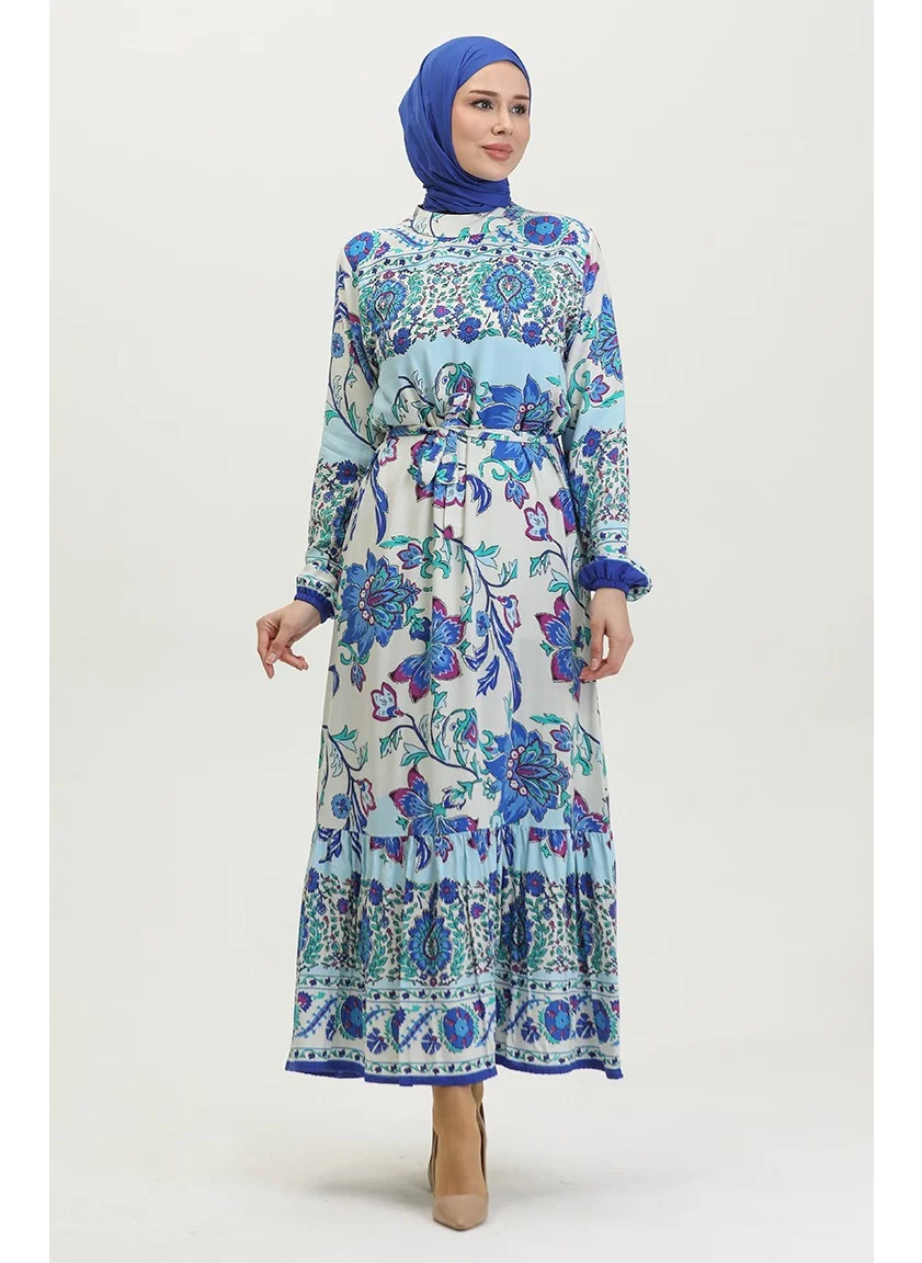 Sefa Merve Alaçatı Pattern Colorful Belted Viscose Dress 0384-05 Beige Saxe