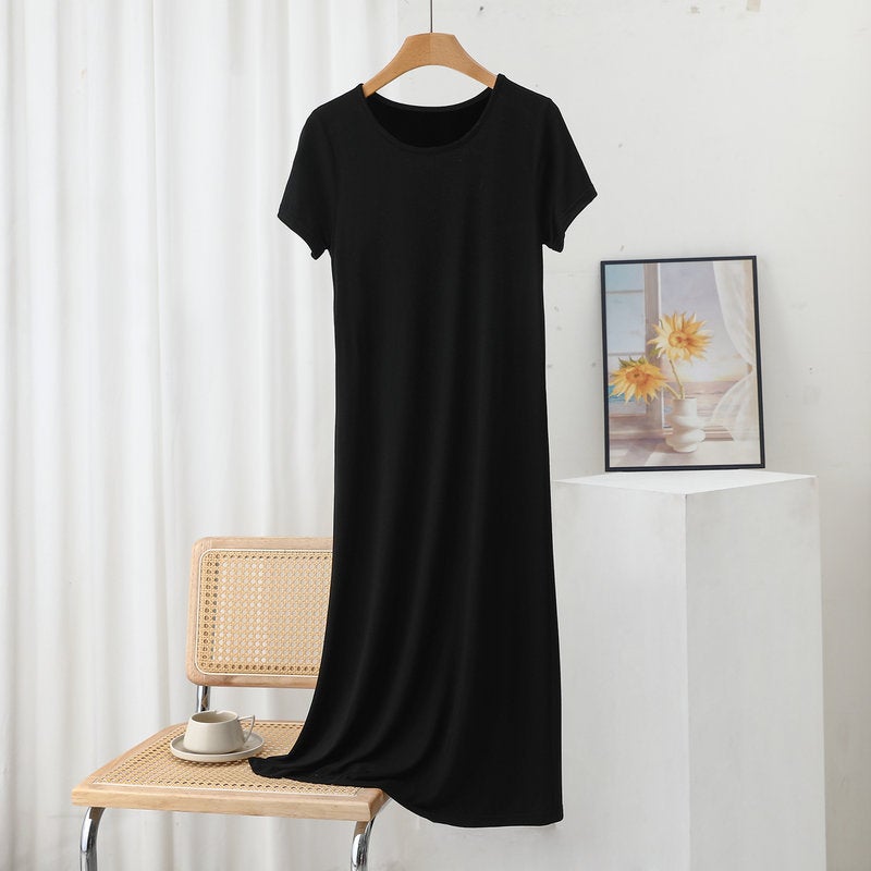 Modal short sleeve dress womens summer thin loose underskirt plus size outer wear round neck bottoming skirt home casual dress Long black - Image 1