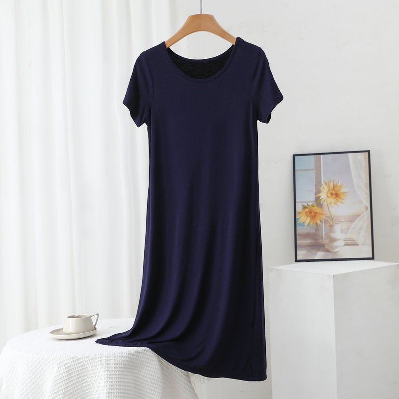 Modal short sleeve dress womens summer thin loose underskirt plus size outer wear round neck bottoming skirt home casual dress Long black - Image 2
