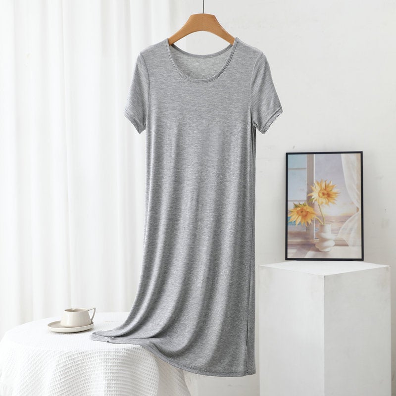 Modal short sleeve dress womens summer thin loose underskirt plus size outer wear round neck bottoming skirt home casual dress Long black - Image 4