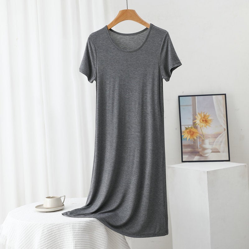 Modal short sleeve dress womens summer thin loose underskirt plus size outer wear round neck bottoming skirt home casual dress Long black - Image 3