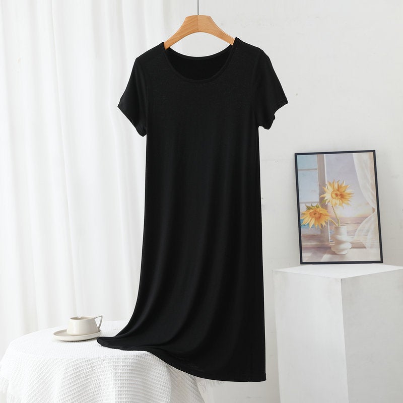 Modal short sleeve dress womens summer thin loose underskirt plus size outer wear round neck bottoming skirt home casual dress Long black - Image 5