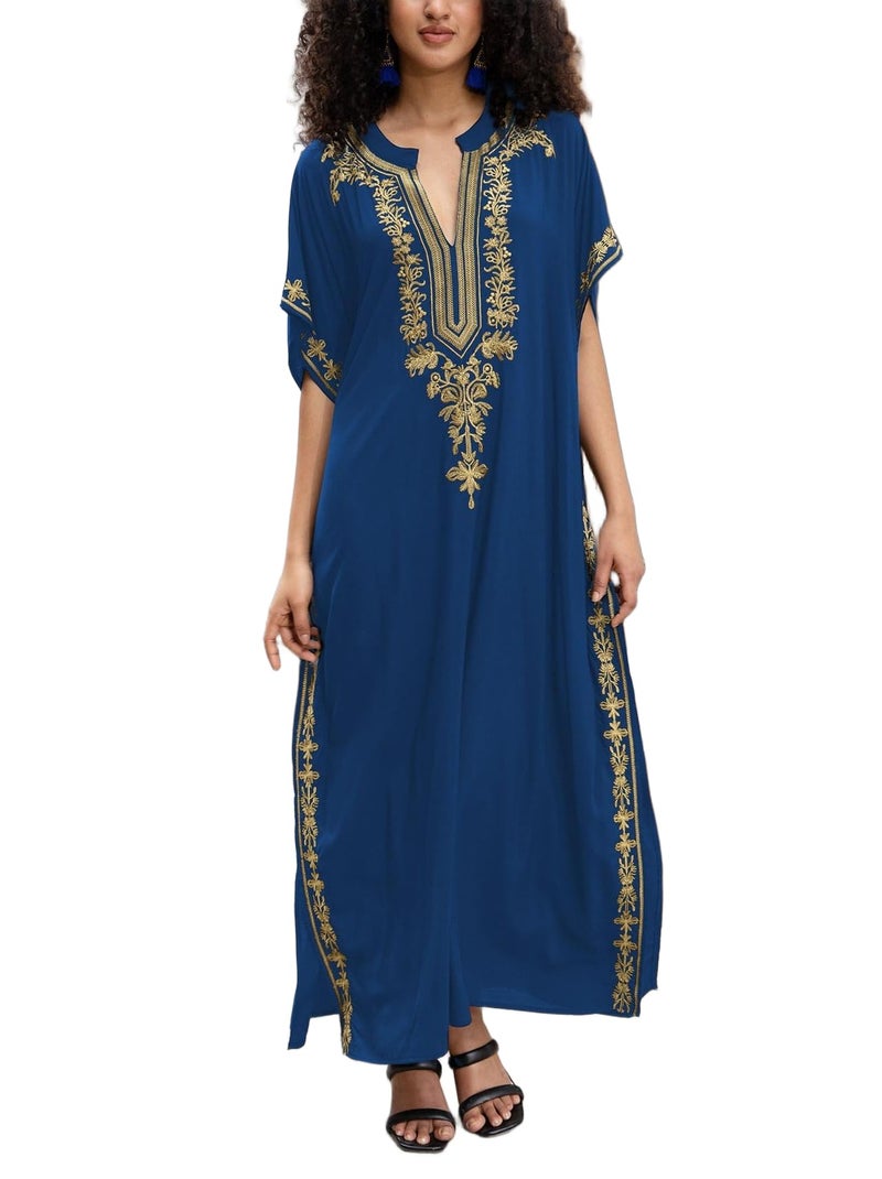 KECVOT Kaftan Dresses for Women Embroidered Short Sleeve V-neck Plus Size Caftan Bikini Swimsuit Cover-Up Long Beach Dress - Image 1