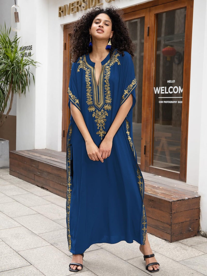 KECVOT Kaftan Dresses for Women Embroidered Short Sleeve V-neck Plus Size Caftan Bikini Swimsuit Cover-Up Long Beach Dress - Image 4