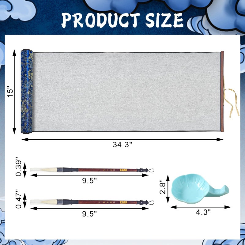 EXJEXJ Reusable Magic Canvas with Water for Chinese Calligraphy Cloth Scroll with 2 Brushes & Dish, Ten Thousand Times Writing, No Ink No Paper Mess-Free Calligraphy Painting for Beginners Student Practicing - Image 2