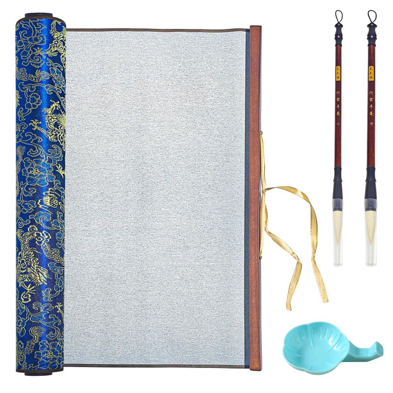 EXJEXJ Reusable Magic Canvas with Water for Chinese Calligraphy Cloth Scroll with 2 Brushes & Dish, Ten Thousand Times Writing, No Ink No Paper Mess-Free Calligraphy Painting for Beginners Student Practicing - Image 1