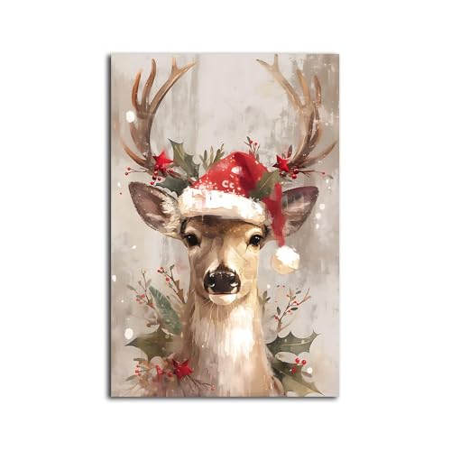 NTEUMM Christmas Wall Art Printable Reindeer Still Life Painting Rustic Christmas Decorative Art Xmas Picture Print Vintage Holiday Art Print Poster Canvas Roll 16x24 inch - Image 1