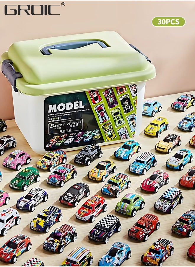 GROIC 30 Pack Pull Back Toy Cars with Storage Box, Back to Force Toy Cars, Alloy Cast Mini Die-Cast Race Cars Vehicles Bulk, Party Favor Cars Toys, Best Gifts for Toddlers  - Image 1