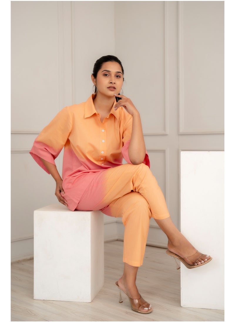 Generic Indian Women Ethnic Orange Cotton Ombre Co-ord Set  - Image 4