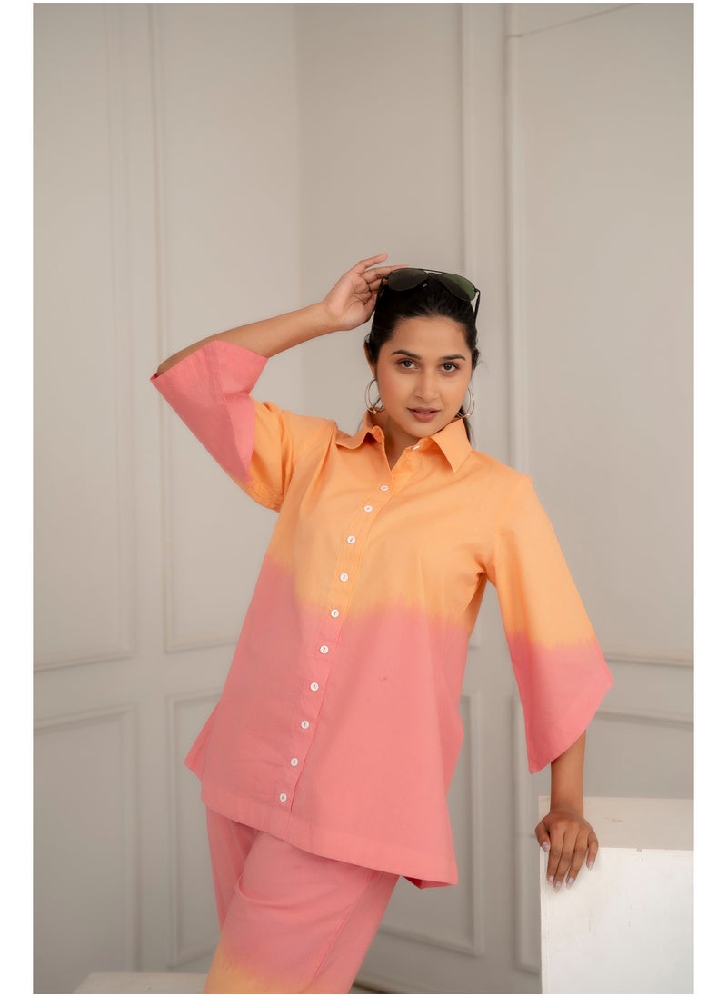 Generic Indian Women Ethnic Orange Cotton Ombre Co-ord Set  - Image 1