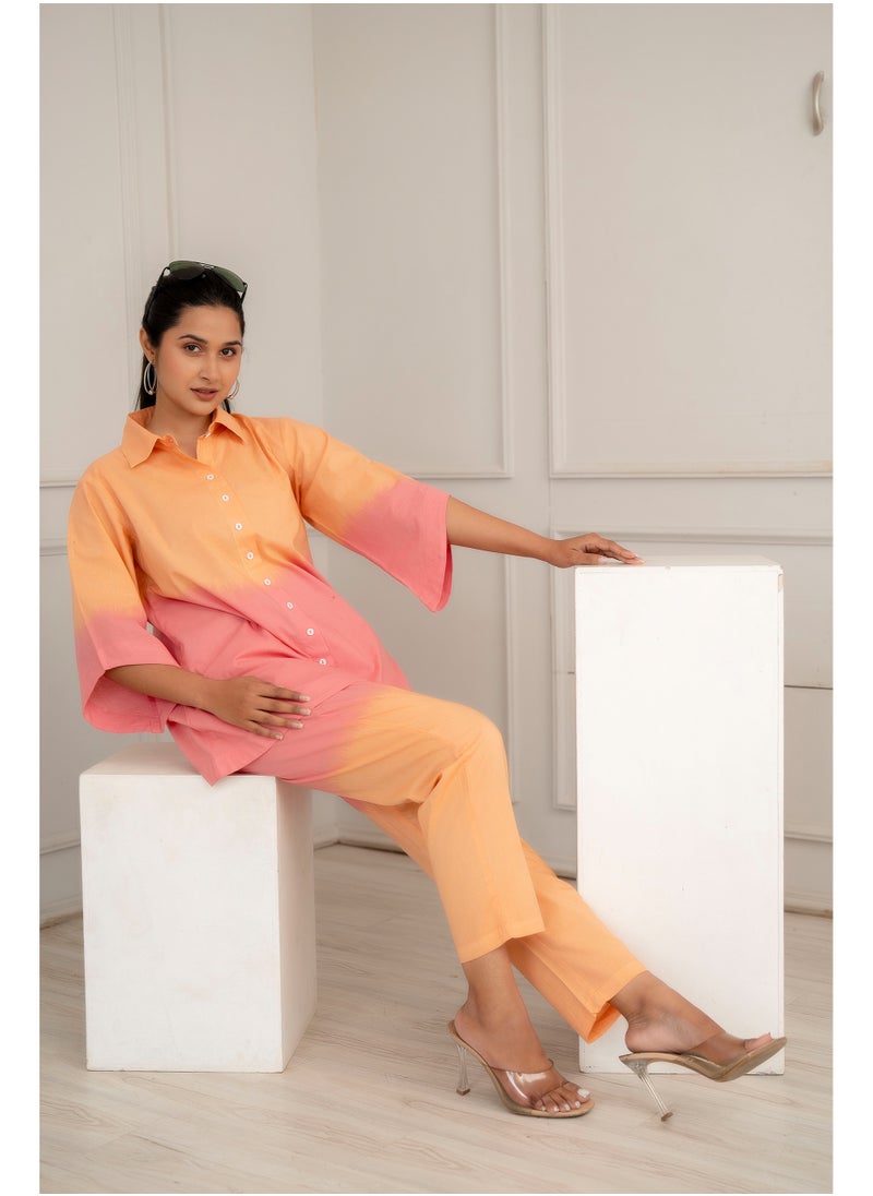 Generic Indian Women Ethnic Orange Cotton Ombre Co-ord Set  - Image 3