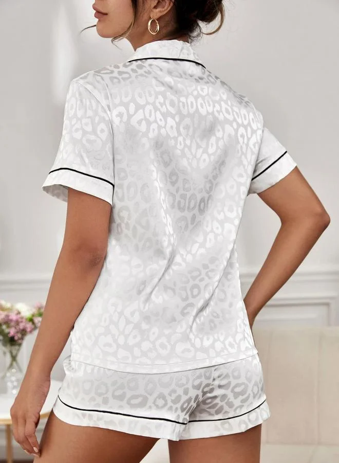 Take Two White Leopard Pattern Piping Shirt and Shorts Set