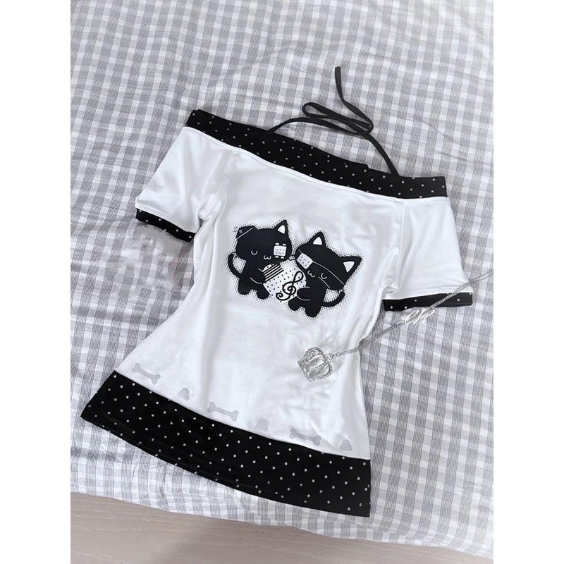 MANGMAO Kawaii Cutecore Tops Harajuku Vintage Y2k 2000s Shirts Summer Alt Goth Emo Short Sleeve Graphic Tees (White Black Polka Dot,Medium) - Image 3