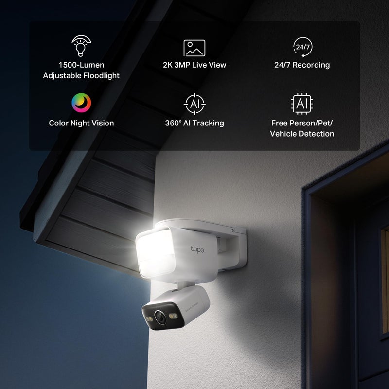 Tapo 2K Outdoor Pan/Tilt Wired Floodlight Security Camera - 1500 Lm Dimmable, 360Â° AI Motion Tracking, Person/Vehicle Detection, 24/7 Recording, Subscription-Free Local Storage or Optional Cloud, C710 - Image 2