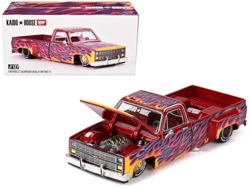 Mini GT Models True Scale Miniatures Model Car Compatible with Chevrolet Silverado Dually on Fire V1 Red with Flames Limited Edition 164 Diecast Model Car Kaido House KHMG127 - Image 1