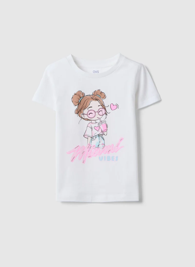 او في اس Ovs White Pure Cotton Girls' T-Shirt Regular Fit With Print