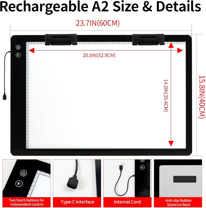 Elice Rechargeable A2 Large Tracing Light Box with 3-Color Light Modes, Wireless Ultra-Thin LED Light Board with 6-Level/Stepless Brightness, Cordless Trace Light Pad for Sketching, 5D Diamond Painting - Image 4