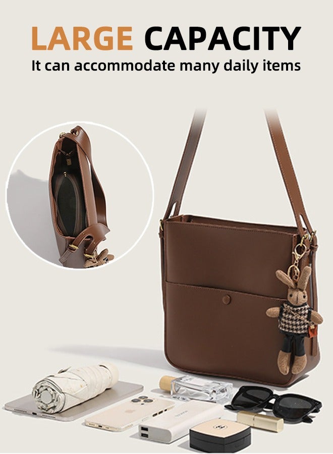 Fashionable Casual Commuter Crossbody Shoulder Bag - Korean Bucket Bag With Detachable Pouch And Doll Pendant - High-End Mother-And-Child Bucket Bag Versatile Underarm Bag - Can Be Crossbody/Underarm Coffee Brown Niche Design  - Image 4