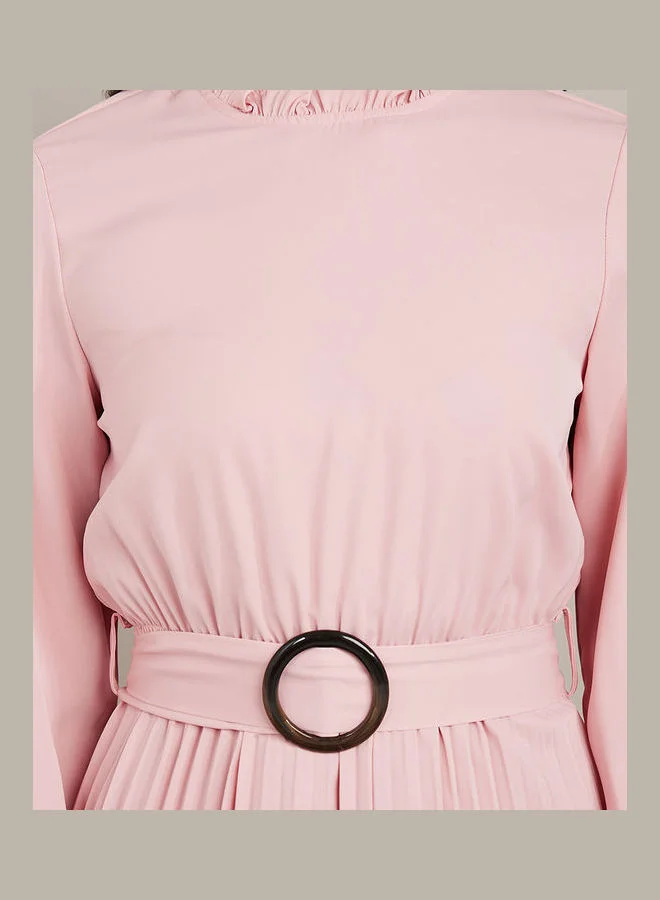 Styli High Neck Pleated A-Line Midi Dress