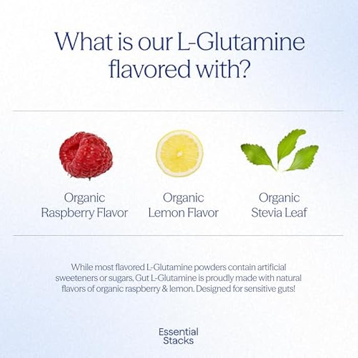Essential Stacks Gut L-Glutamine Powder - Exclusively Made in USA - Pure L Glutamine Powder for Gut Health (50 Servings, Raspberry Lemonade) - Image 5