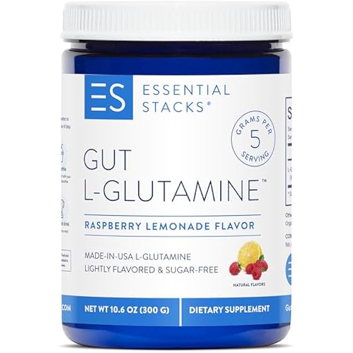 Essential Stacks Gut L-Glutamine Powder - Exclusively Made in USA - Pure L Glutamine Powder for Gut Health (50 Servings, Raspberry Lemonade) - Image 1