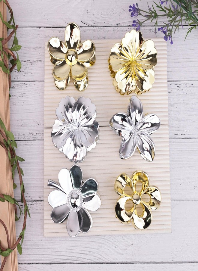 Cart Log CartLog Flower Hair Claw Clips for Women & Girls - Floral Clutchers, Gold & Silver Hair Accessories (Pack of 6 (3 golden & 3 silver)) - Image 1