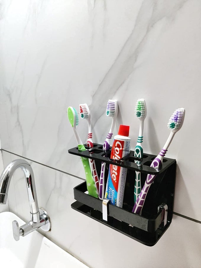 BIG SIZE WALL MOUNTED SELF ADHESIVE ACRYLIC TOOTH BRUSHTOOTHPASTE HOLDERSTANDTUMBLERTOOTHPASTE FOR BATHROOM STAND ORGANIZER RACK FOR HOME BIG SIZE BLACK