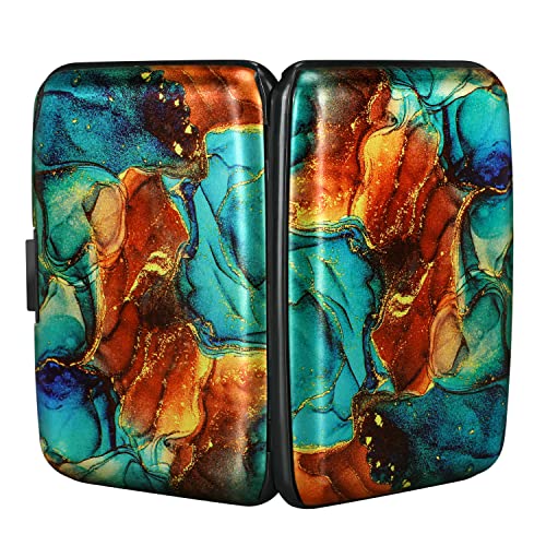 ELFISH Mini RFID Aluminum Wallet Credit Cards Holder Business Card Case Metal ID Case for Men Women（Blue Brown Marble - Image 3