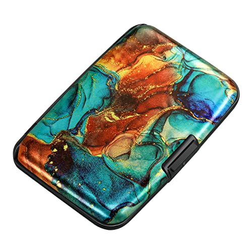 ELFISH Mini RFID Aluminum Wallet Credit Cards Holder Business Card Case Metal ID Case for Men Women（Blue Brown Marble - Image 1