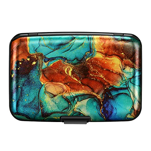 ELFISH Mini RFID Aluminum Wallet Credit Cards Holder Business Card Case Metal ID Case for Men Women（Blue Brown Marble - Image 4
