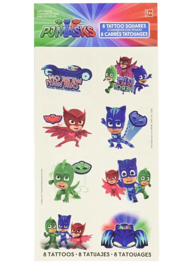 Amscan Vibrant Multicolor PJ Masks Tattoo Favors - 2" x 1.75" (Pack of 8) - Kid-Friendly Temporary Tattoos - Perfect for Party Bags & Fun Events - Image 1