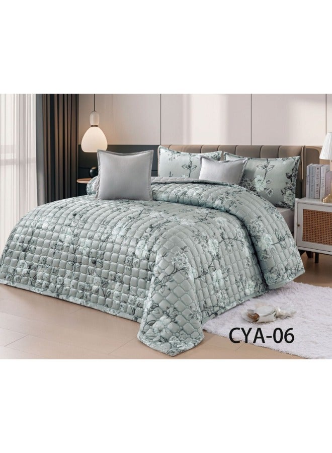 7-Piece Double Bedspread – Light Green with Floral Design