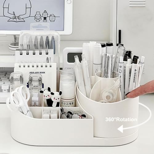 TRUBILLION Revolve 360 Degree Rotating Office Desk and Makeup Brush Organizer Stand, Multipurpose Organizer with 16 Compartments for Brushes, Pens, Stationary – Durable, No Installation Needed (White) - Image 1
