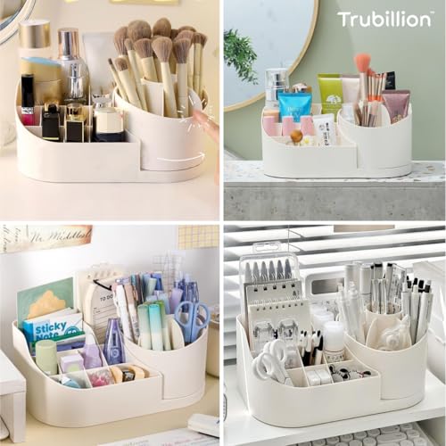 TRUBILLION Revolve 360 Degree Rotating Office Desk and Makeup Brush Organizer Stand, Multipurpose Organizer with 16 Compartments for Brushes, Pens, Stationary – Durable, No Installation Needed (White) - Image 2