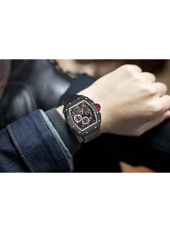 PINTIME Fashion Mens Tonneau Watch Hollow Punk Chronograph Sports Wristwatch Luxury Designer Mens Quartz Silicone Watches - Image 3