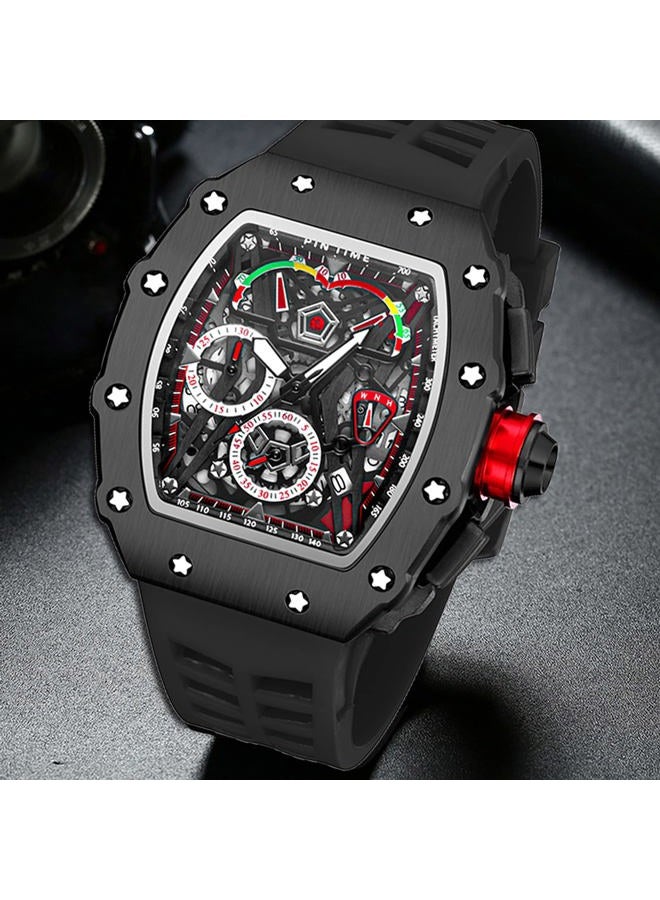 PINTIME Fashion Mens Tonneau Watch Hollow Punk Chronograph Sports Wristwatch Luxury Designer Mens Quartz Silicone Watches - Image 4