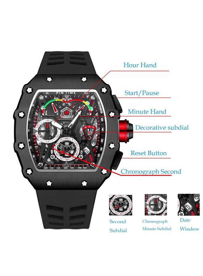 PINTIME Fashion Mens Tonneau Watch Hollow Punk Chronograph Sports Wristwatch Luxury Designer Mens Quartz Silicone Watches - Image 5