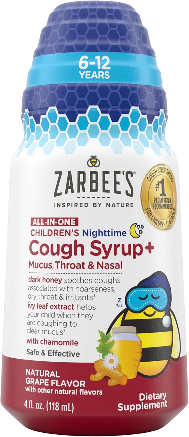 شراب السعال للأطفال من زاربي - شراب العسل الليلي الشامل + المخاط، الحلق والأنف للأطفال من 6-12 سنة + عسل داكن، مستخلص ورق اللبلاب، زنك، مستخلص جذر الكركم، خالي من الأدوية، نكهة عنب، 4 أونصات سائلة