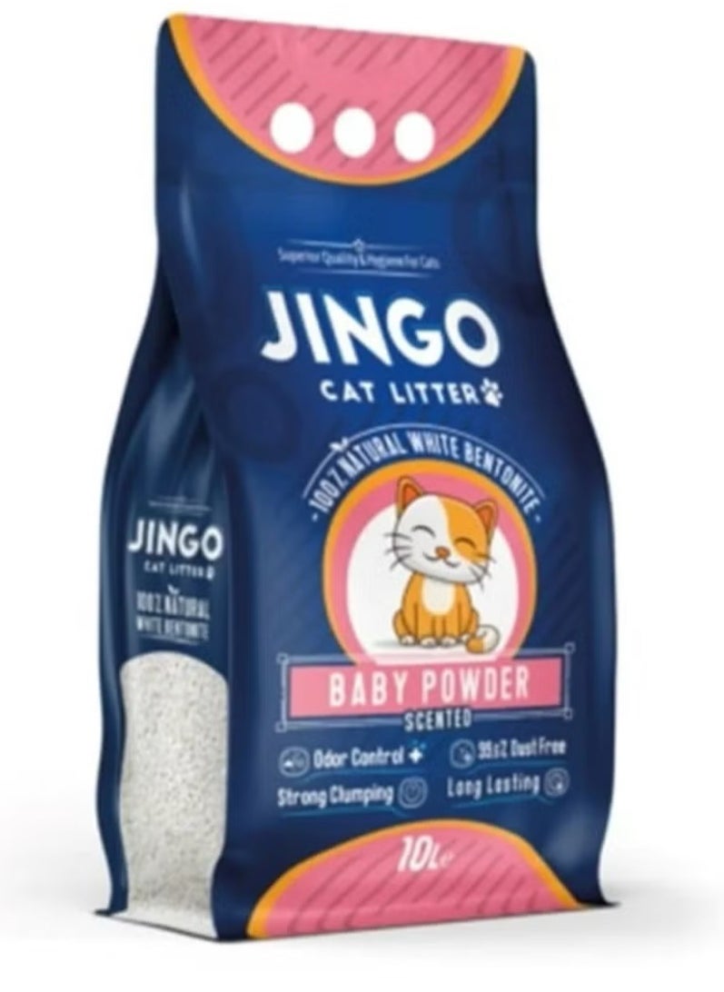 JINGO Sand dedicated to cat waste 10 liters 8 kilos of absorption and high-performance agglomeration with the scent of baby powder 