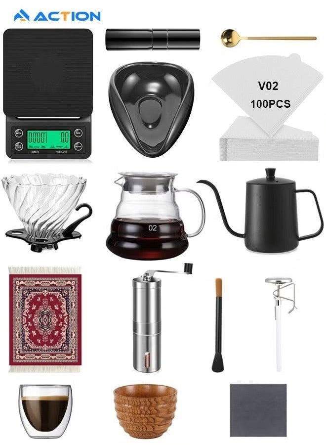 أكشن مجموعة ماكينة تحضير القهوة من 12 قطع V60، تقديم للسفر - مطحنة قهوة وخادم وغلاية وفلتر ومقياس وقمع تقطير زجاجي - Image 1